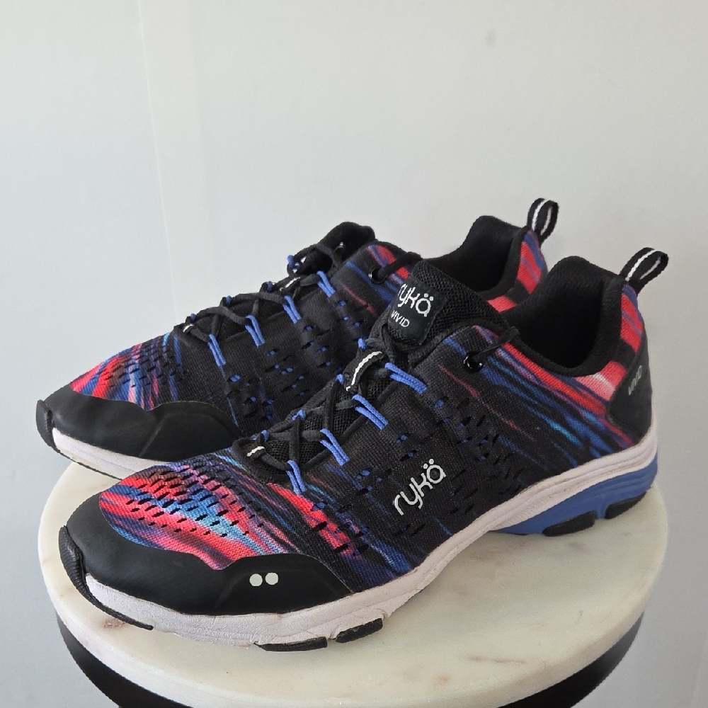 Ryka Women's Black Knit Trainers with Pink & Blue Accents Size 11